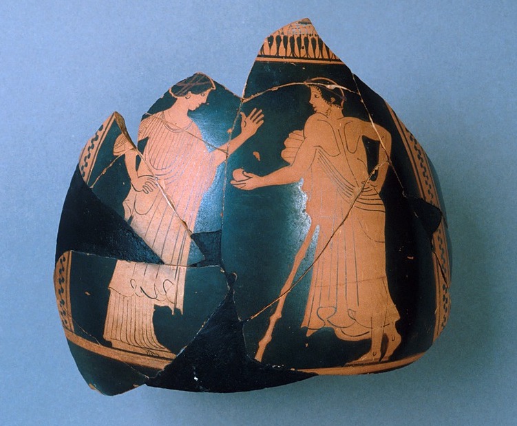 Red figure pelike fragment with girl and youth