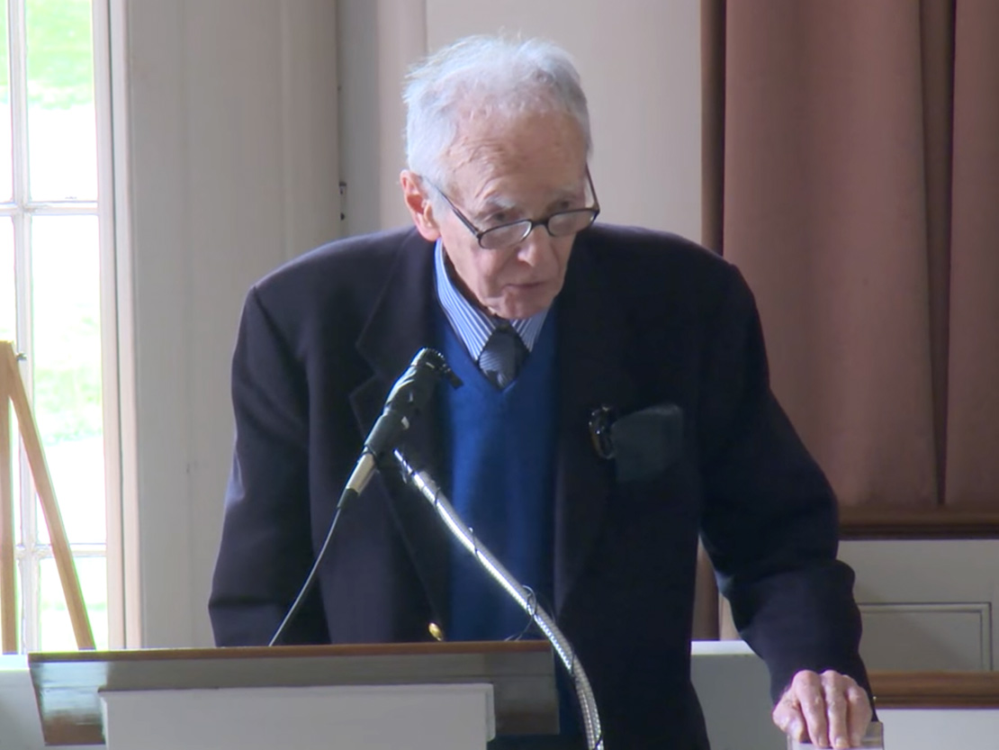 Mortimer Chambers delivers his eulogy during Alan Boegehold's memorial service at Brown University.