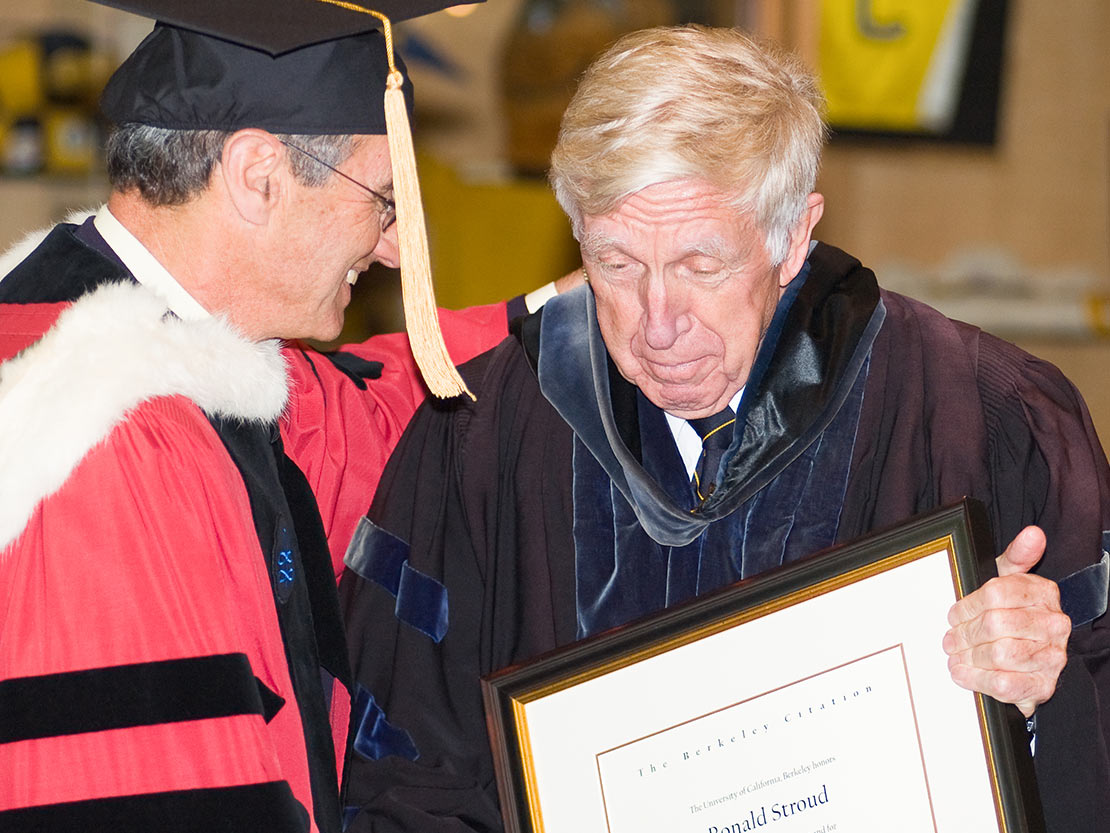 Professor Erich Gruen presents Stroud with a Berkeley Citation in 2006 (photo by Genevieve Shiffrar).